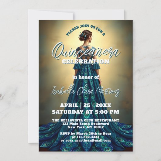 Elegante Pauw Jurk Quinceañera Viering Kaart (Voorkant)