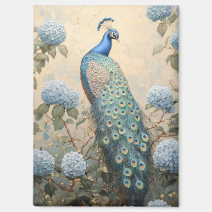 Elegante Pauw met Blauwe Hortensia Olie Schilderij Magneet