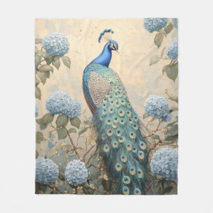Elegante Pauw met Blauwe Hortensia's Olie Schilder Fleece Deken