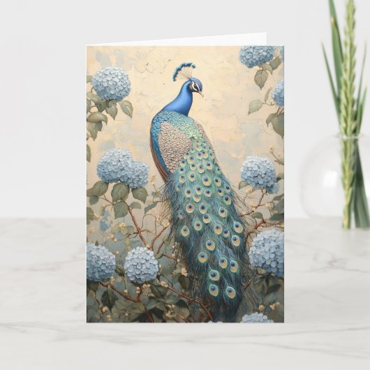 Elegante Pauw met Blauwe Hydrangeas Olieverf Kaart (Voorkant)
