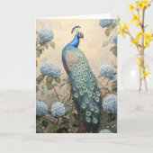 Elegante Pauw met Blauwe Hydrangeas Olieverf Kaart (Gele Bloem)
