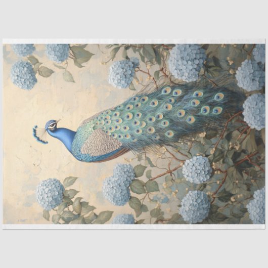 Elegante Pauw met Blauwe Hydrangeas Olieverf Tissuepapier (Voorkant)
