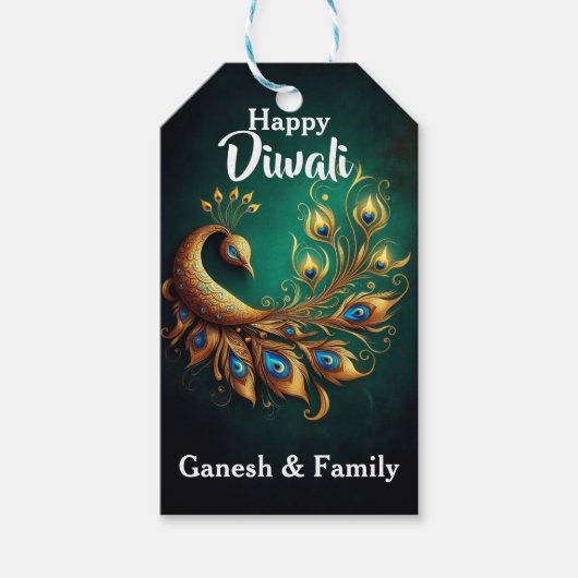 Elegante pauw met groene achtergrond Diwali Cadeaulabel (Voorkant)