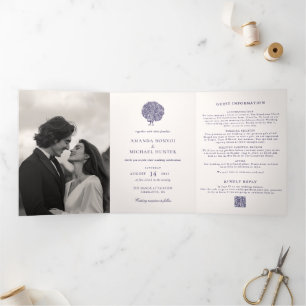 Elegante  Pauw Midnight Blue Wedding Drieluik Uitnodiging