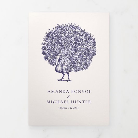 Elegante  Pauw Midnight Blue Wedding Drieluik Uitnodiging (Cover)