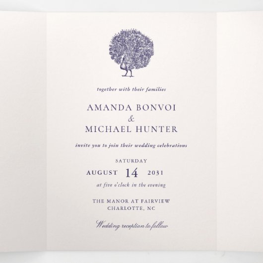 Elegante  Pauw Midnight Blue Wedding Drieluik Uitnodiging (Binnenkant midden)