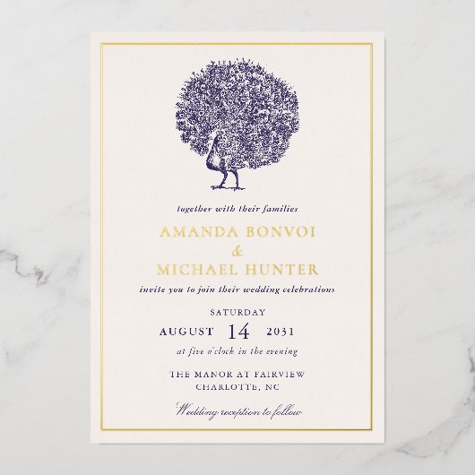 Elegante  Pauw Midnight Blue Wedding Folie Uitnodiging (Voorkant)