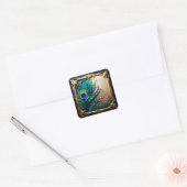 Elegante pauw veer art nouveau lijst goud vierkante sticker (Envelop)