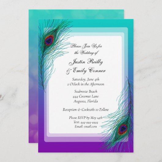 Elegante pauw veren bruiloft uitnodiging (Voorkant / Achterkant)