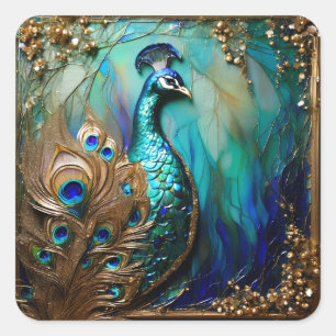Elegante pauw vogel art nouvea blauwgroen goud ele vierkante sticker