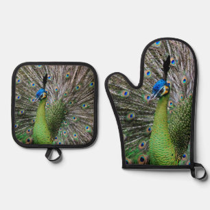Elegante Pauw Vogel en Veerkunst Ovenwant & Pannenlap Set