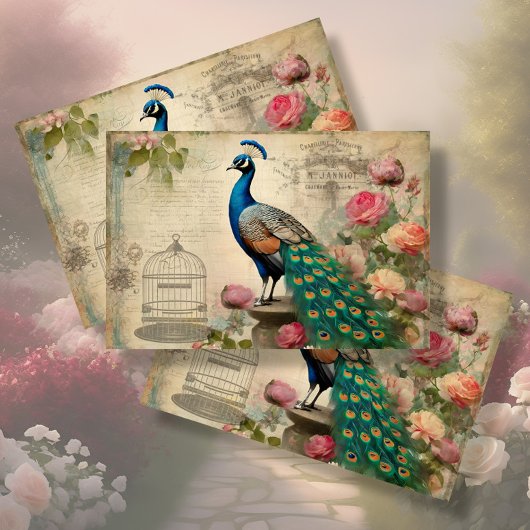 Elegante Pauw Vogelkooi Bloemen Ephemera Decoupage Tissuepapier