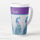 Elegante Pauw Waterverf Blauw Schilderen Vrouwen Latte Mok (Rechterhoek)