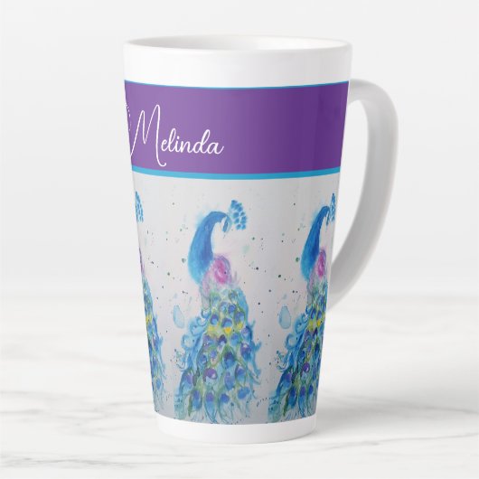 Elegante Pauw Waterverf Blauw Schilderen Vrouwen Latte Mok (Rechterhoek)