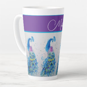 Elegante Pauw Waterverf Blauw Schilderen Vrouwen Latte Mok