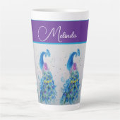 Elegante Pauw Waterverf Blauw Schilderen Vrouwen Latte Mok (Voorkant)