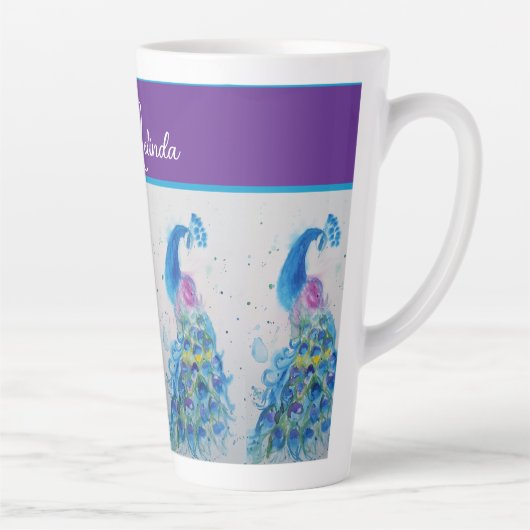 Elegante Pauw Waterverf Blauw Schilderen Vrouwen Latte Mok (Rechts)