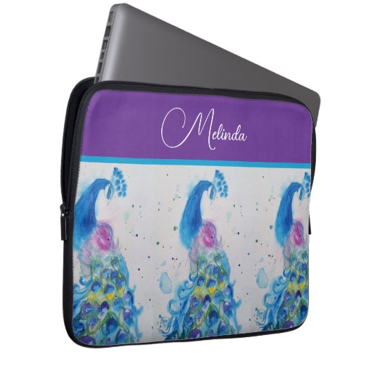 Elegante Pauw Waterverf Blauwe Schildering Laptop Sleeve (Voorkant Rechts)