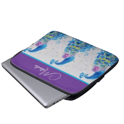 Elegante Pauw Waterverf Blauwe Schildering Laptop Sleeve (Voorkant onderkant)