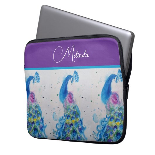 Elegante Pauw Waterverf Blauwe Schildering Laptop Sleeve (Voorkant Links)
