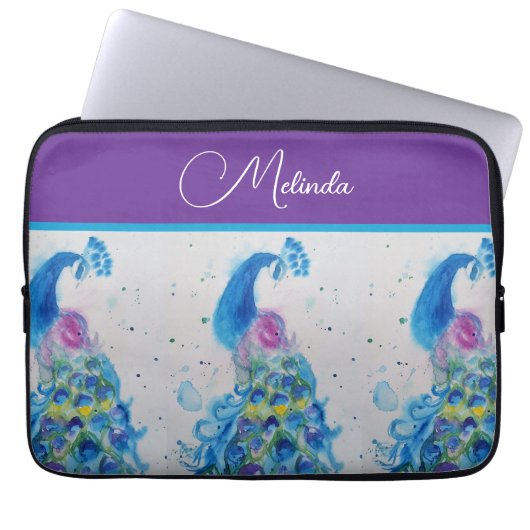 Elegante Pauw Waterverf Blauwe Schildering Laptop Sleeve (Voorkant)