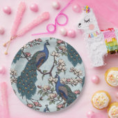 Elegante pauwen & Magnolia bloemen blauw Papieren Bordje (Feest)