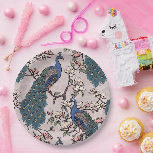 Elegante pauwen & Magnolia bloemen Blush Pink Papieren Bordje (Feest)