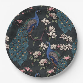 Elegante pauwen & magnolia bloemen zwart papieren bordje