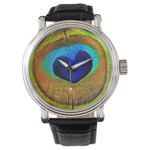 Elegante pauwenveer met hartvormig oog horloge