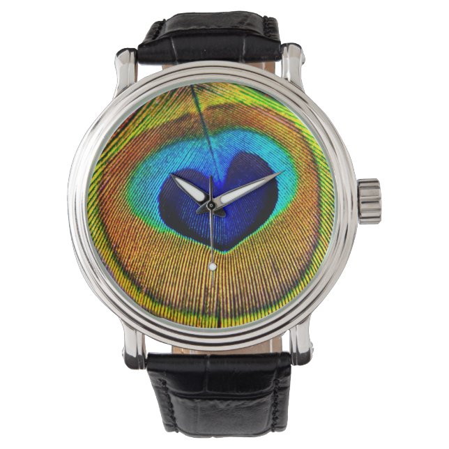 Elegante pauwenveer met hartvormig oog horloge (Voorkant)