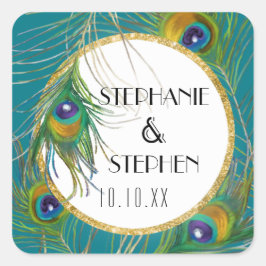 Elegante pauwenveren een gouden glitter bruiloften vierkante sticker