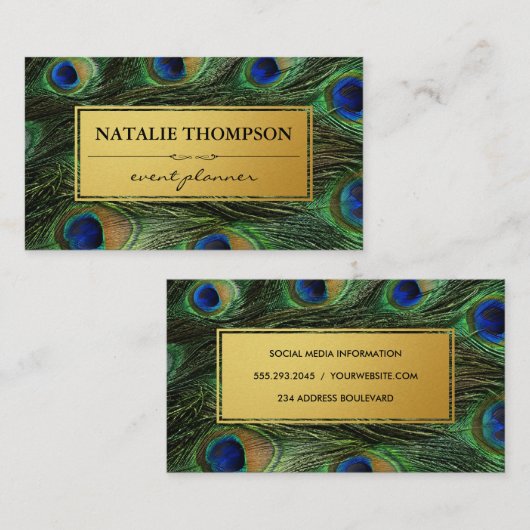 Elegante Pauwenveren Nep Metallic Goud Visitekaartje (Voorkant / Achterkant)
