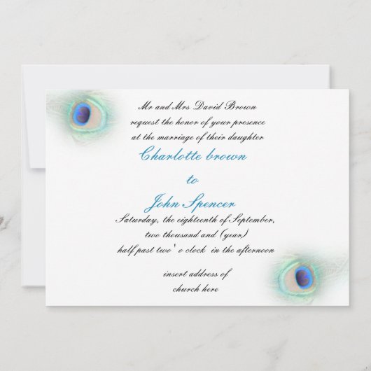 elegante pauwoog blauwe bruiloft uitnodiging (Achterkant)