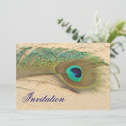 elegante pauwoog blauwe bruiloft uitnodiging (Staand voorkant)