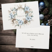 Elegante PEACE Blauwe Bloemige Denneappels Winterk Feestdagenkaart