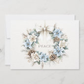 Elegante PEACE Blauwe Bloemige Denneappels Winterk Feestdagenkaart (Voorkant)