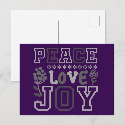 Elegante Peace Love Joy Paarse kerst Feestdagenkaart (Voorkant / Achterkant)