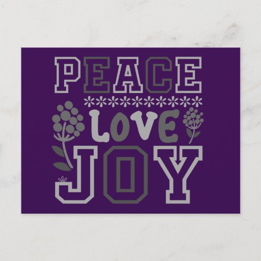 Elegante Peace Love Joy Paarse kerst Feestdagenkaart (Voorkant)