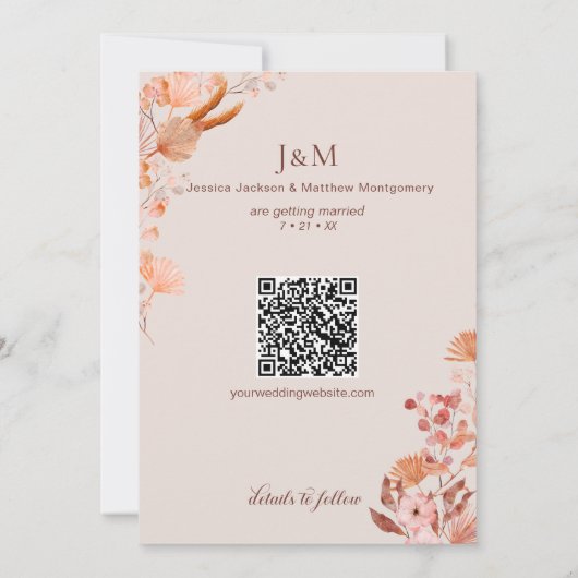 Elegante Peach Boho Style Floral Bewaar de datum Kaart (Achterkant)