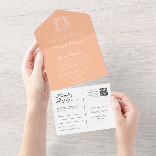 Elegante Peach Crest Line Art QR Code Foto All In One Uitnodiging (Afscheurbaar)