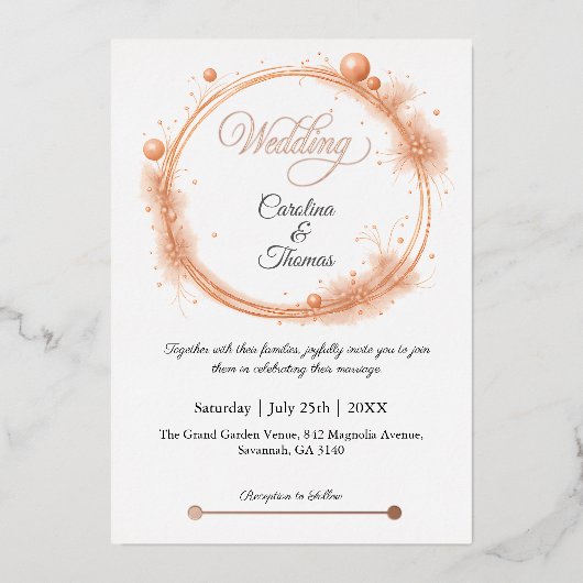 Elegante Peach Sparkle Wedding Script Kalligrafie Folie Uitnodiging (Voorkant)