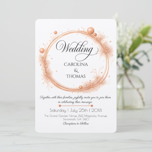 Elegante Peach Sparkle Wedding Script Kalligrafie Kaart (Staand voorkant)