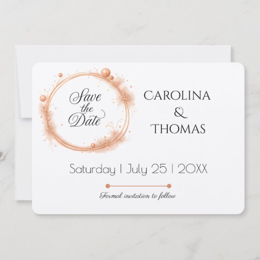 Elegante Peach Sparkle Wedding Script Kalligrafie Save The Date (Voorkant)