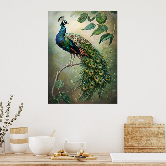 Elegante Peacock Botanische Wall Art Print (Keuken)