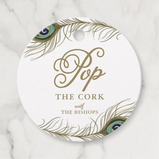 Elegante Peacock Feather Baby shower Champagne Bedankjes Labels (Voorkant)