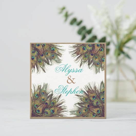 Elegante Peacock Feather bruiloft uitnodiging 2 (Staand voorkant)