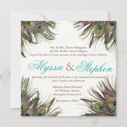 Elegante Peacock Feather bruiloft uitnodiging 2 (Achterkant)