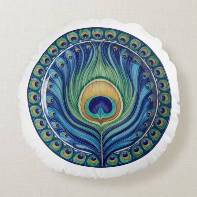 Elegante Peacock Feather Mandala Rond Kussen (Voorkant)