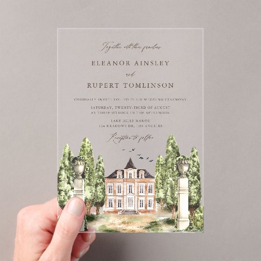 Elegante Peacock Feather Vintage bruiloft Acryl Uitnodigingen (Insitu (Draagbaar))