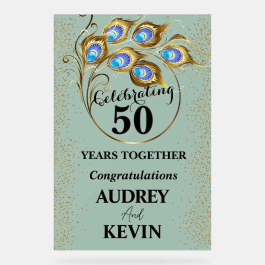 Elegante Peacock Feathers 50ste Jubileum Acryl Bord (Voorkant)